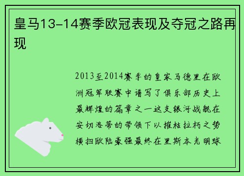皇马13-14赛季欧冠表现及夺冠之路再现