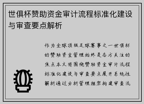 世俱杯赞助资金审计流程标准化建设与审查要点解析
