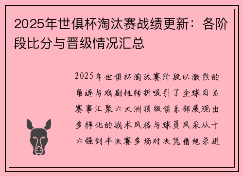 2025年世俱杯淘汰赛战绩更新：各阶段比分与晋级情况汇总